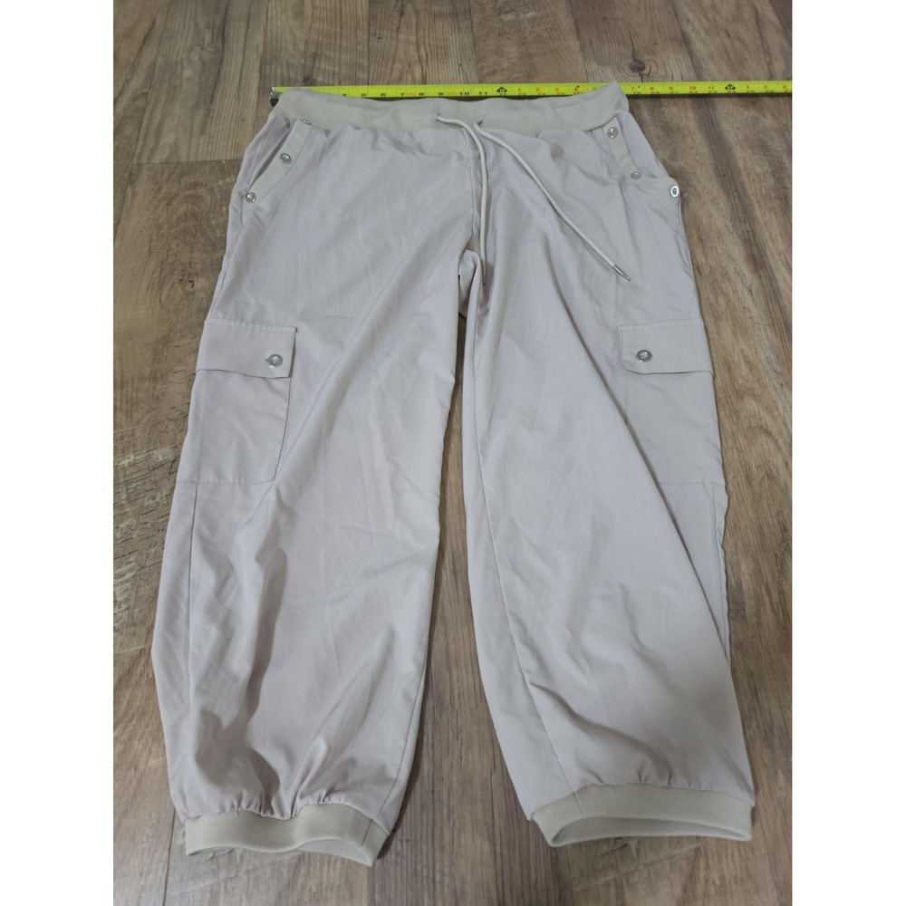 Palm Rio Womens Sz L Beige Lightweight Cropped Joggers Drawstring Cargo Pockets